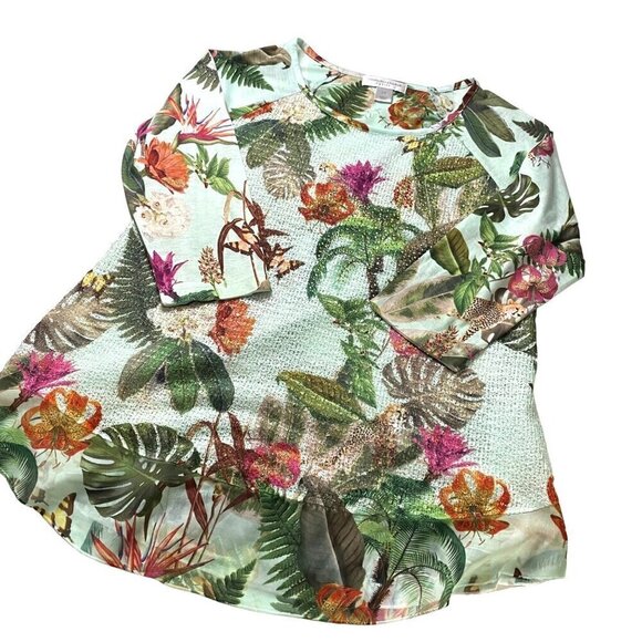 Christopher Banks Tropical Print Tunic Sheer Hemline Aqua/Multi Colored Size SP - Picture 3 of 10